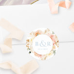 Peach Blush with Blue Wedding Envelope / Favor Classic Round Sticker<br><div class="desc">Elegant monogrammed wedding envelope seal or favor sticker with gorgeous watercolor floral detail in a beautiful blend of peach, orange, blush pink, cream and champagne hues. Center in white with initials and second text line in blue. Two size options and several shape options to choose from. Bottom text line can...</div>