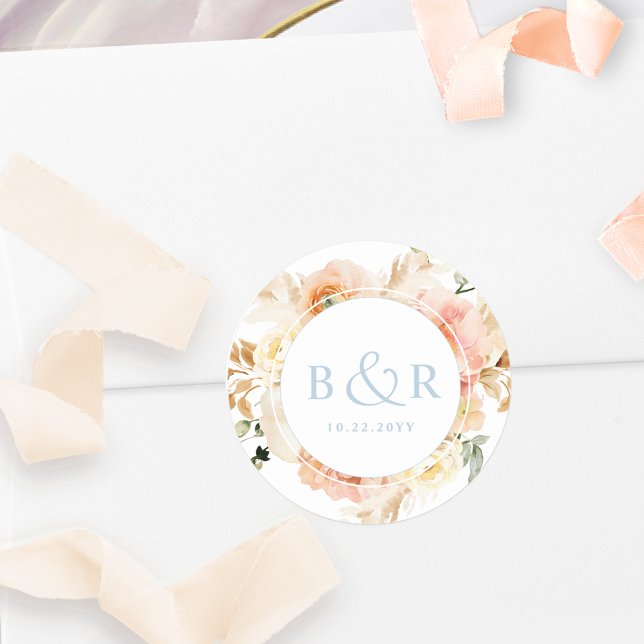 Peach Blush with Blue Wedding Envelope / Favor Classic Round Sticker (Creator Uploaded)