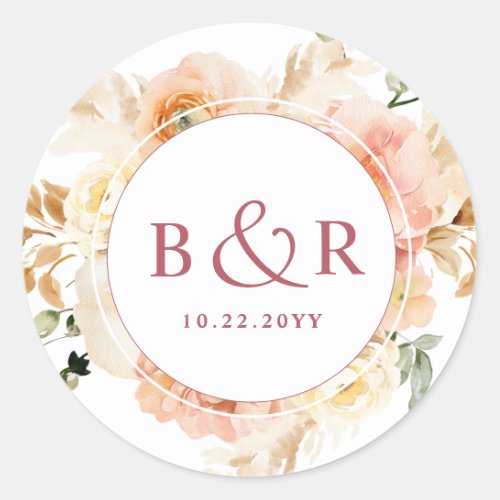 Peach Blush with Burgundy Wedding Envelope  Favor Classic Round Sticker