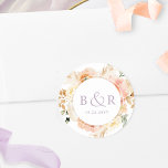 Peach Blush with Lavender Wedding Envelope / Favor Classic Round Sticker<br><div class="desc">Elegant monogrammed wedding envelope seal or favor sticker with gorgeous watercolor floral detail in a beautiful blend of peach, orange, blush pink, cream and champagne hues. Center in white with initials and second text line in lavender purple. Two size options and several shape options to choose from. Bottom text line...</div>
