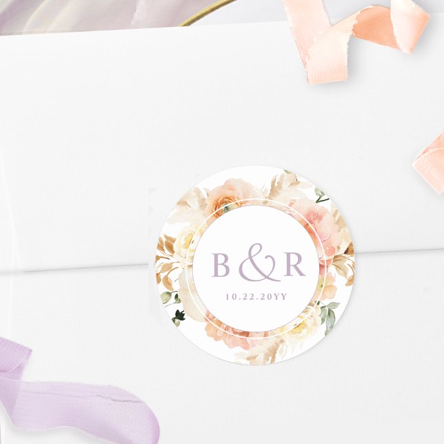 Peach Blush with Lavender Wedding Envelope / Favor Classic Round Sticker (Creator Uploaded)