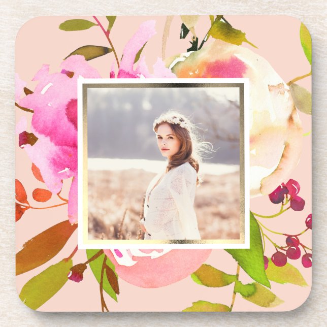 Peach Blush with Watercolor Floral Photo Beverage Coaster (Front)