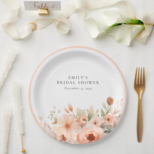 Peach Boho Floral Bridal Shower Paper Plates (Wedding)