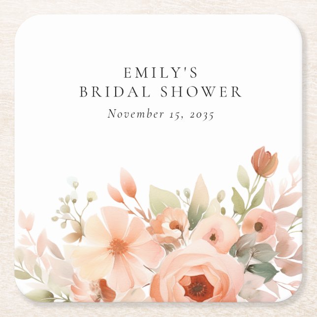Peach Boho Floral Bridal Shower Square Paper Coaster (Front)