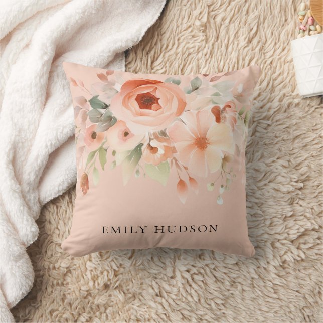 Peach Boho Floral Throw Pillow (Blanket)