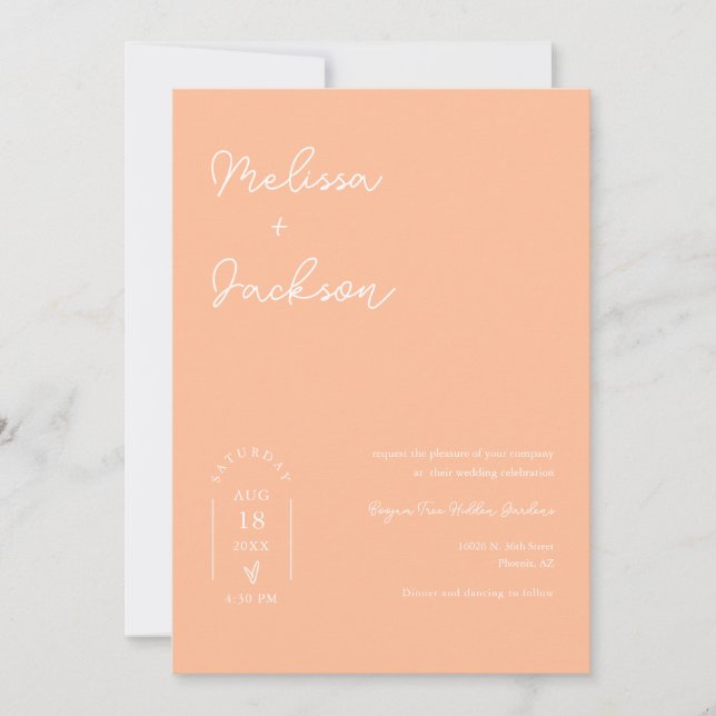 Peach Boho Minimalist Wedding QR Code Photo  Invitation (Front)