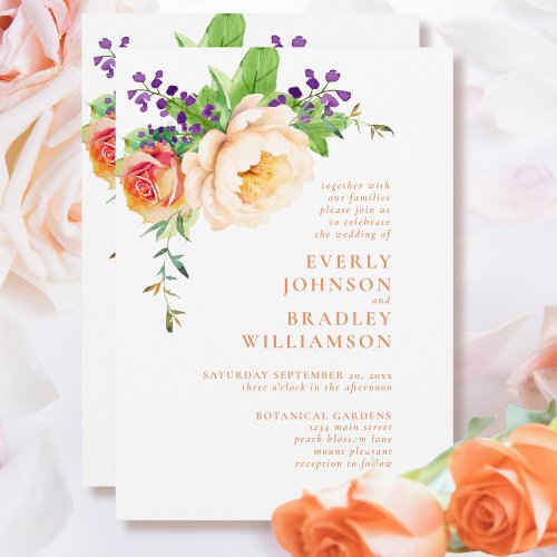 Peach Bold Watercolor Floral Botanical Wedding Invitation