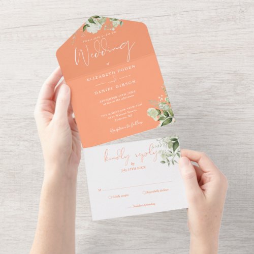 Peach Botanical Greenery Monogram Wedding All In One Invitation