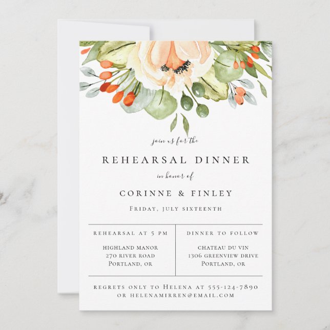 Peach Botanical Rehearsal Dinner Announcement (Front)