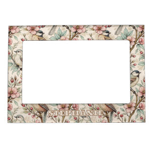 Peach Botanical Songbird Black Ink Floral Pattern Magnetic Frame