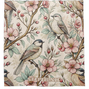 Peach Botanical Songbird Black Ink Floral Pattern Shower Curtain