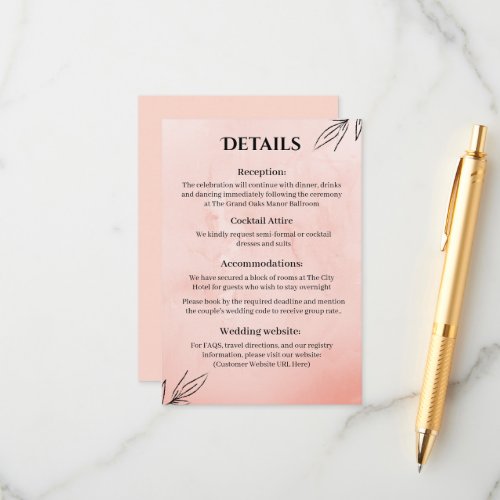  Peach Botanical Wedding Details Card