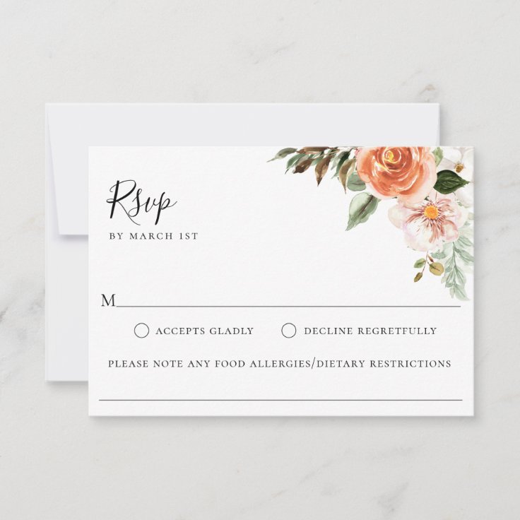 Peach Botanical Wedding Food Allergy RSVP Card | Zazzle