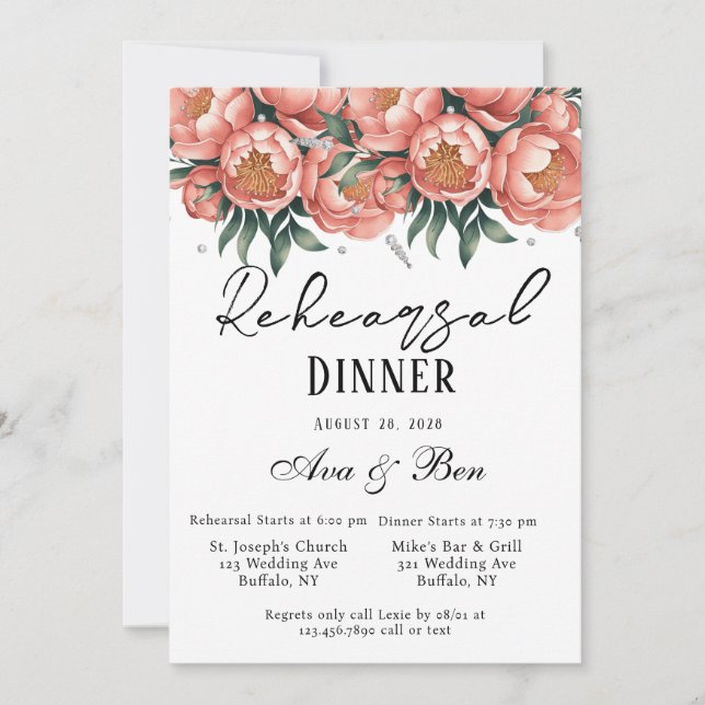 Peach Bouquet with Diamonds Rehearsal Dinner Invitation (Front)