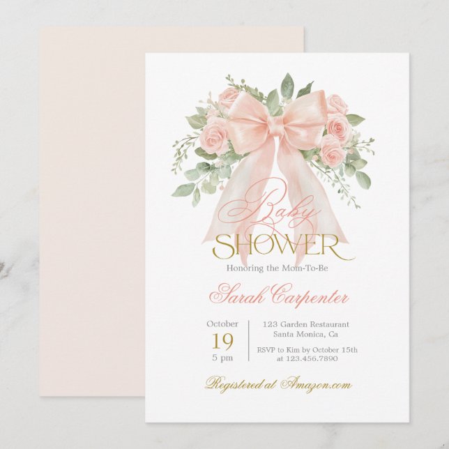 Peach Bow Baby Shower Girl invitation (Front/Back)