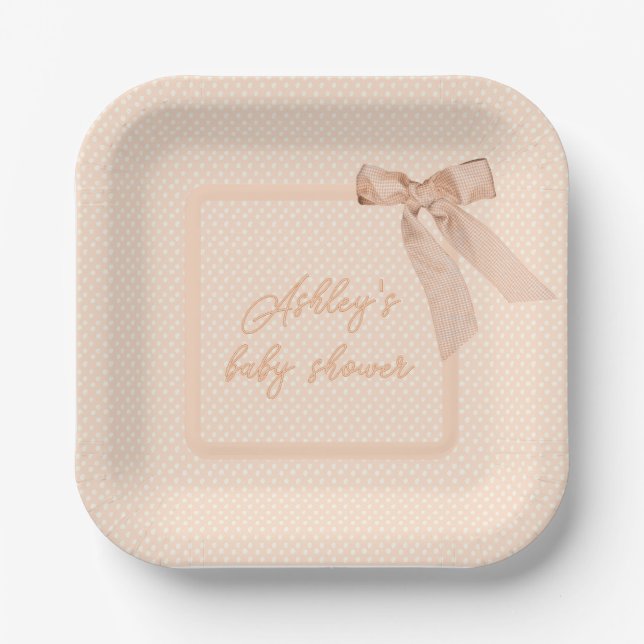 Peach Bow Baby Shower  Paper Plates (Front)