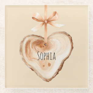 Peach Bow Faux Wood Heart Glass Coaster