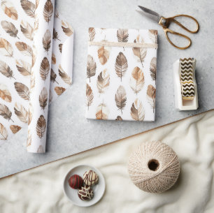 Peach Brown Cream Feathers Birthday Wrapping Paper