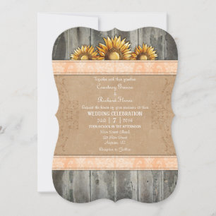 Peach Brown Rustic Sunflower Wedding Invite