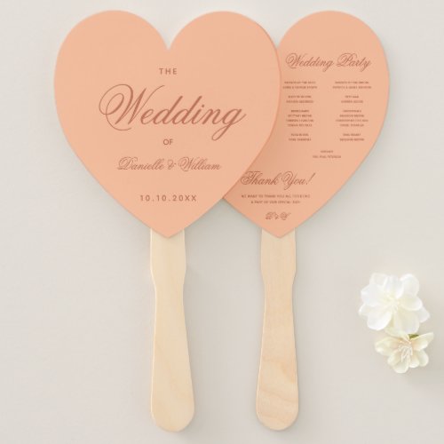 Peach Brown Wedding Program Simple Heart Script  Hand Fan