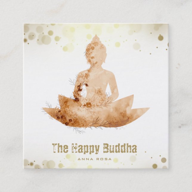 *~* Peach Buddha QR Botanical Floral Lotus AP33 Square Business Card (Front)