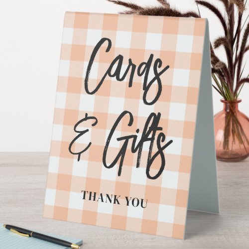 Peach Buffalo Plaid Brush Script Cards  Gifts Table Tent Sign