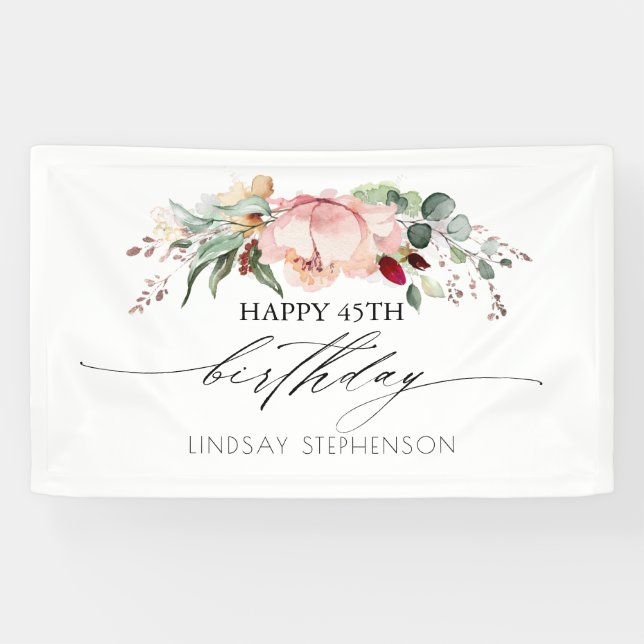 Peach Burgundy and Blush Floral Birthday Party Banner (Horizontal)