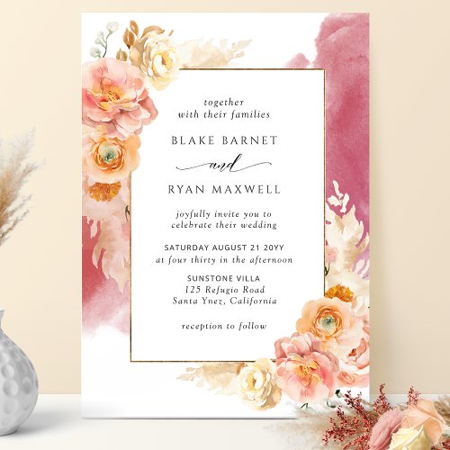 Peach Burgundy Blush Floral  Watercolor Wedding Invitation