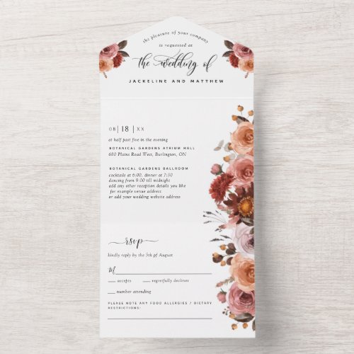 Peach Burgundy Blush Floral Wedding RSVP Dietary  All In One Invitation