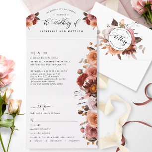 Peach, Burgundy Blush Floral Wedding Tear Off RSVP All In One Invitation