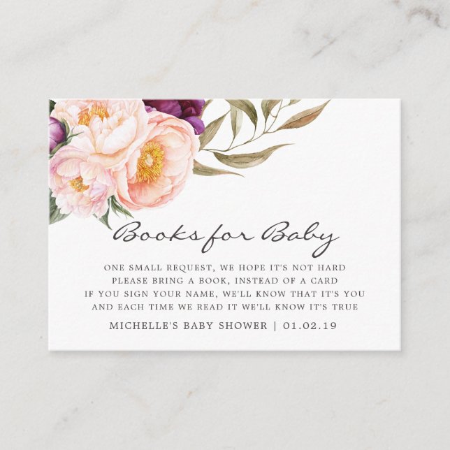 Peach & Burgundy Floral Baby Shower Book Request Enclosure Card (Front)