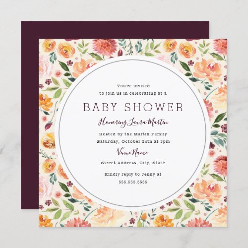 Peach Burgundy Floral Girl Baby Shower Invitation