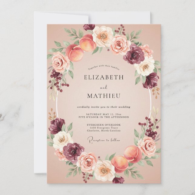 Peach Burgundy Floral Romance Wedding Invitation (Front)