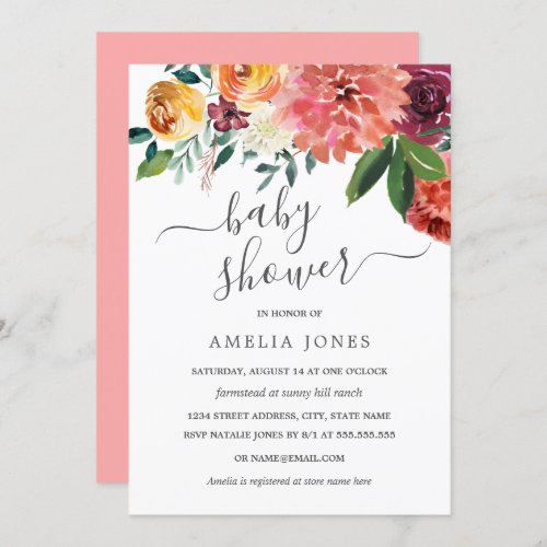 Peach Burgundy Watercolor Floral Baby Shower Invitation