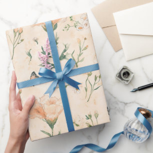 Peach Butterflies Floral Birthday Wrapping Paper