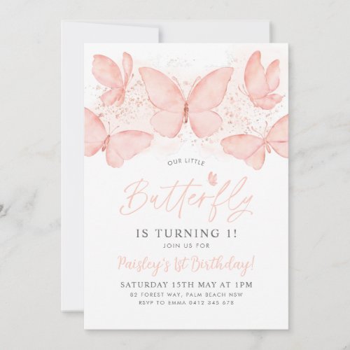 Peach Butterfly 1st Birthday Invitation Baby Girl