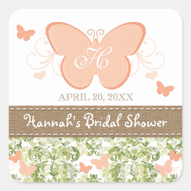PEACH BUTTERFLY BRIDAL WEDDING SHOWER FAVOR LABELS (Front)