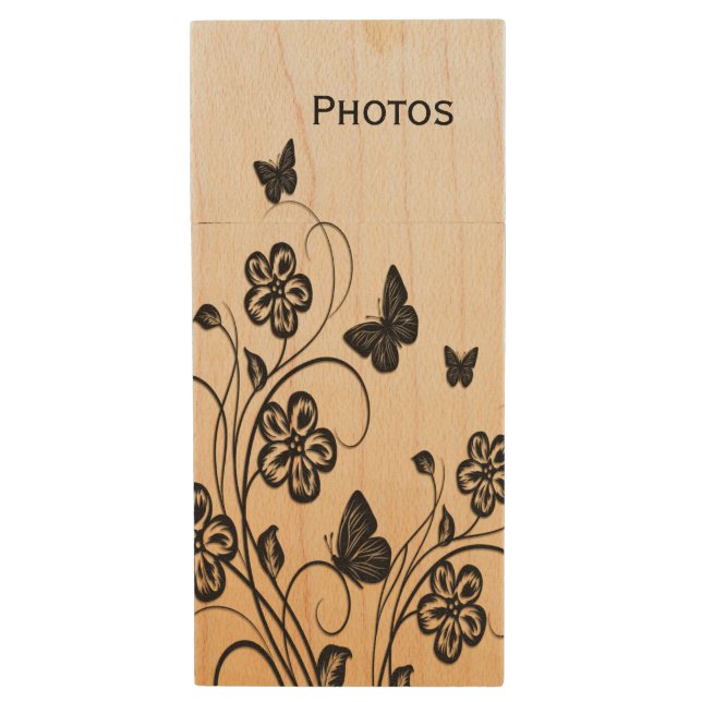 Peach Butterfly Garden Wood Flash Drive (Front Vertical)