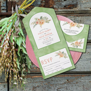 Peach cactus flowers, leaves green floral wedding  all in one invitation
