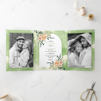 Peach cactus flowers, leaves green floral wedding  Tri-Fold invitation