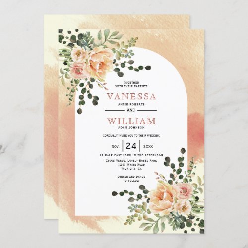 Peach cactus flowers soft terracotta arch wedding  invitation