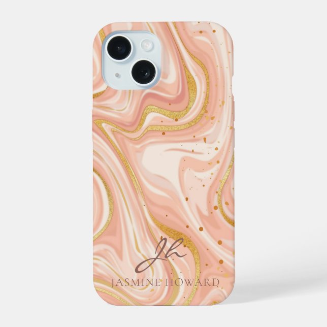 Peach Cake Marble Gold Glitter Customizable iPhone 15 Case (Back)