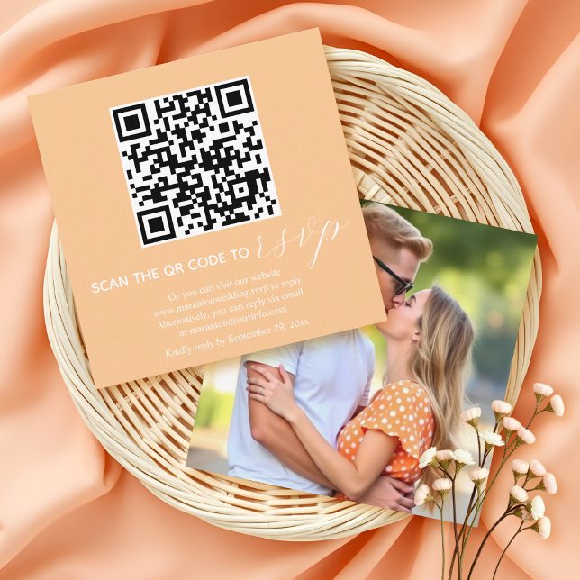 Peach calligraphy QR code RSVP photo fall wedding Enclosure Card (Creator Uploaded)