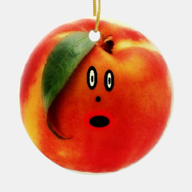 Peach Cartoon Face Ceramic Ornament (Front)