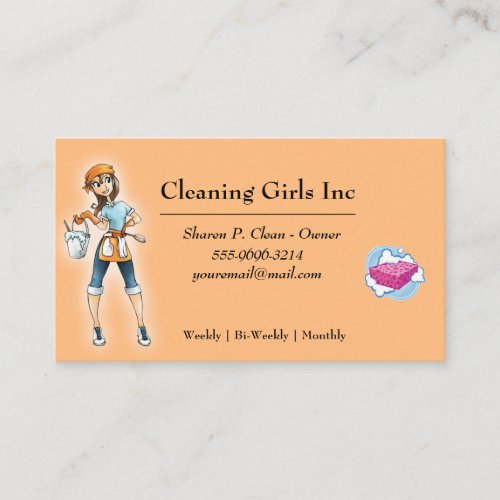 Peach Cartoon Girl House Cleaning Service Business Card