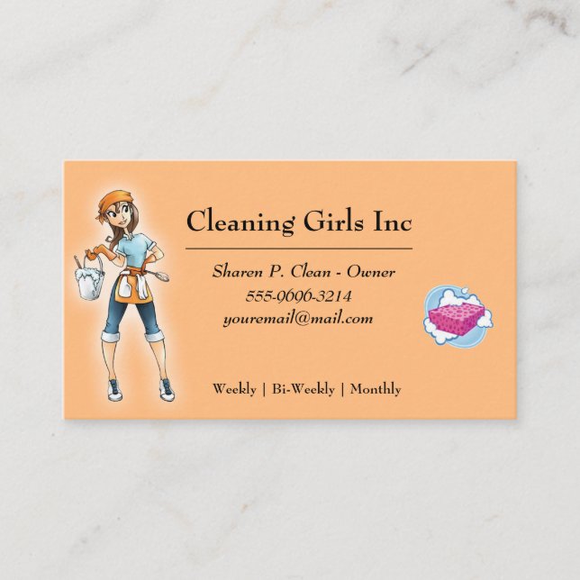 Peach Cartoon Girl House Cleaning Service Business Card (Front)