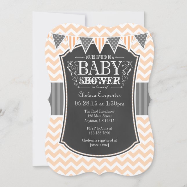 Peach Chalkboard Chevron Baby Shower Invite (Front)