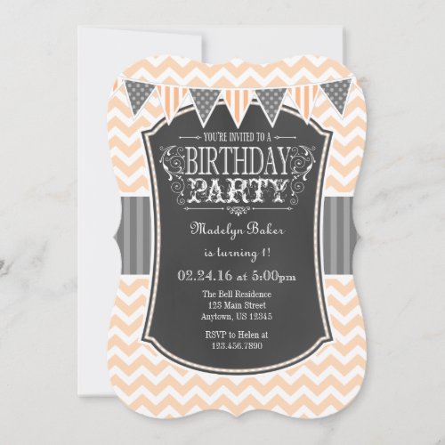 Peach Chalkboard Chevron Birthday Invite