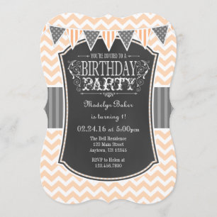 Peach Chalkboard Chevron Birthday Invite