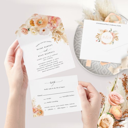 Peach Champagne and Blush Floral Wedding with RSVP All In One Invitation